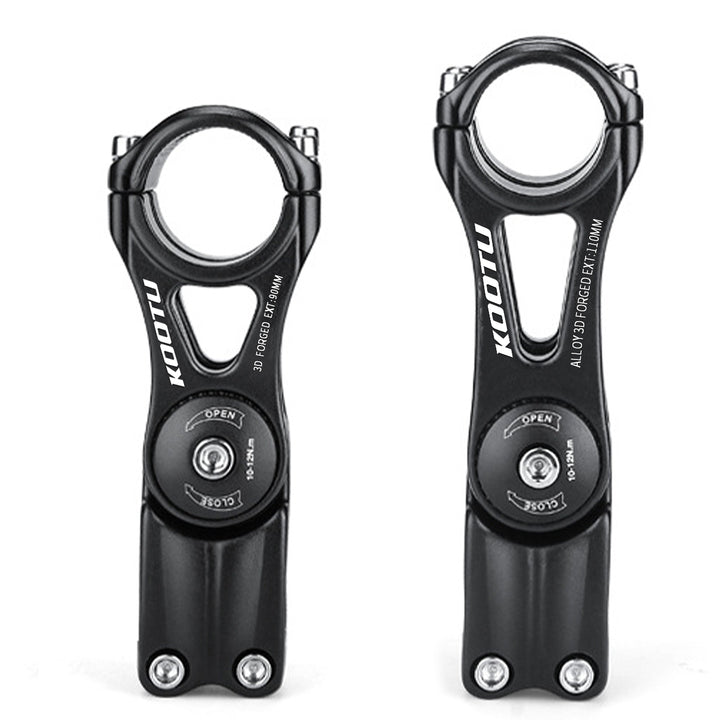 Side view of lightweight aluminum rise stem for mountain bikes, compatible with 31.8mm handlebars.