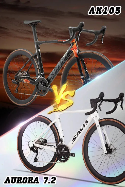 SAVA AK105 vs Aurora 7.2 carbon road bikes comparison, black and white models, sunset background