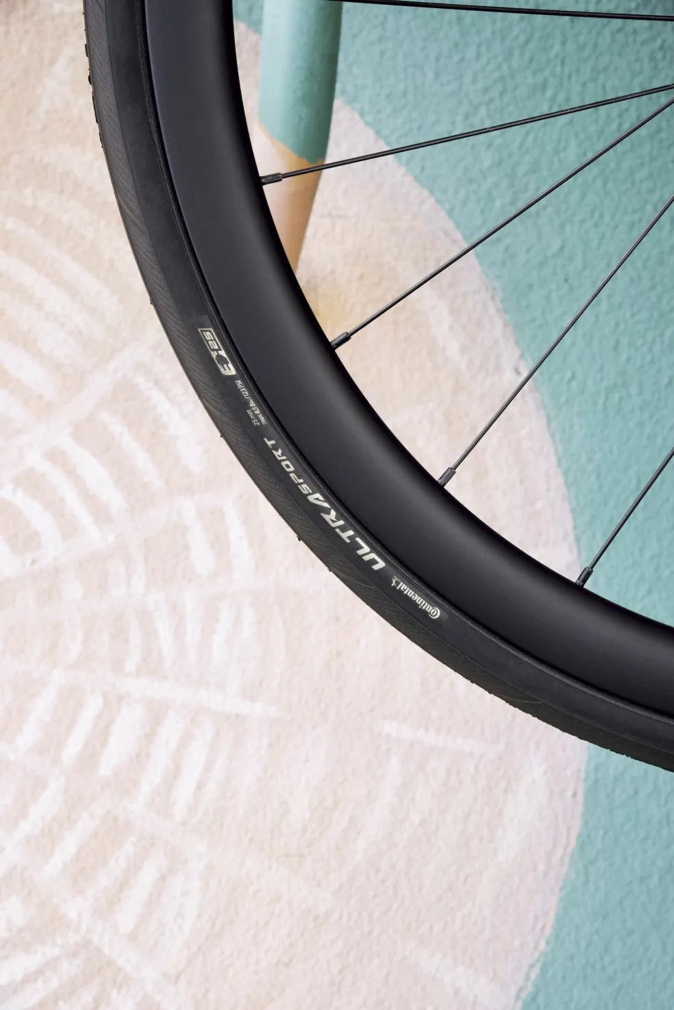 Close-up of SAVA Carbon road bike wheel with Continental Ultra Sport tire