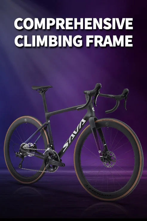 SAVA carbon road bike with climbing frame, black finish, showcased on purple background
