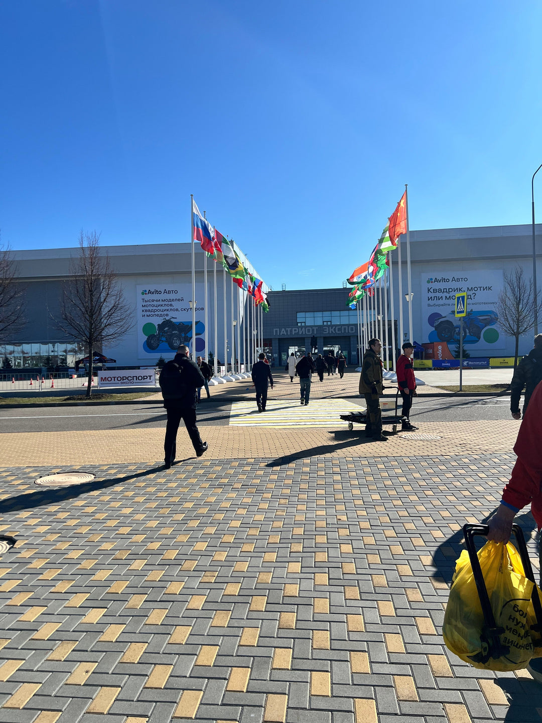 Expo center entrance with multiple country flags, people walking, clear blue sky