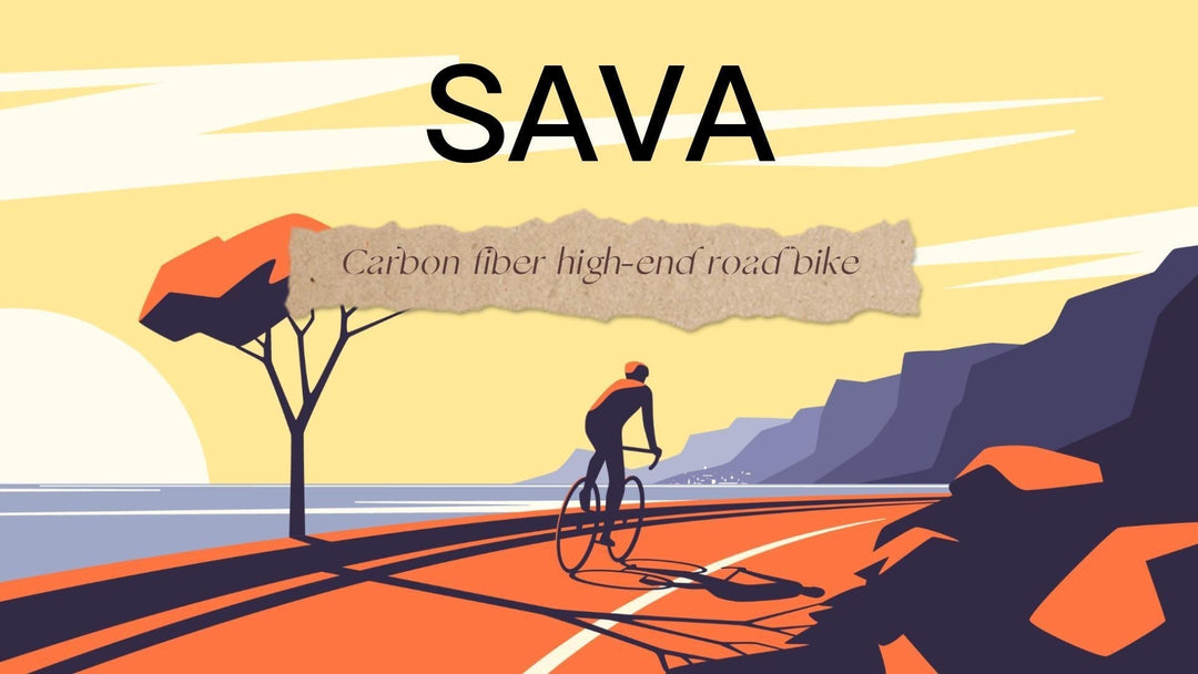 SAVA carbon road bike illustration with cyclist on coastal path at sunset, promotional text overlay