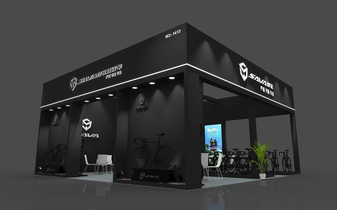 SAVA Carbon Bike exhibition booth displaying carbon bikes and brand signage at a trade show.
