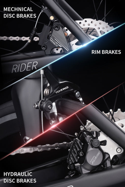 Close-up of SAVA carbon bike showing mechanical disc brakes, rim brakes, and hydraulic disc brakes comparison.