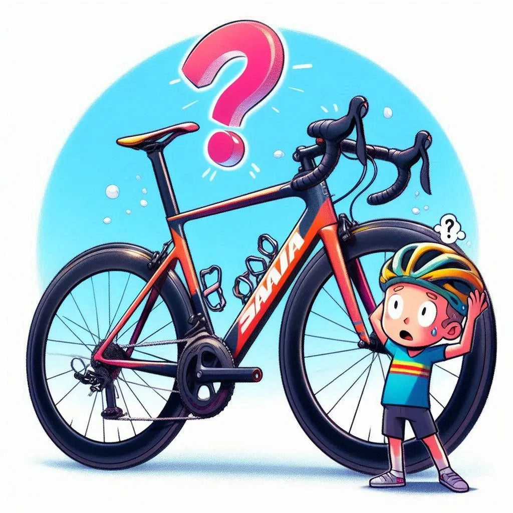 Child in cycling gear stands next to a large SAVA carbon road bike, with a question mark above.