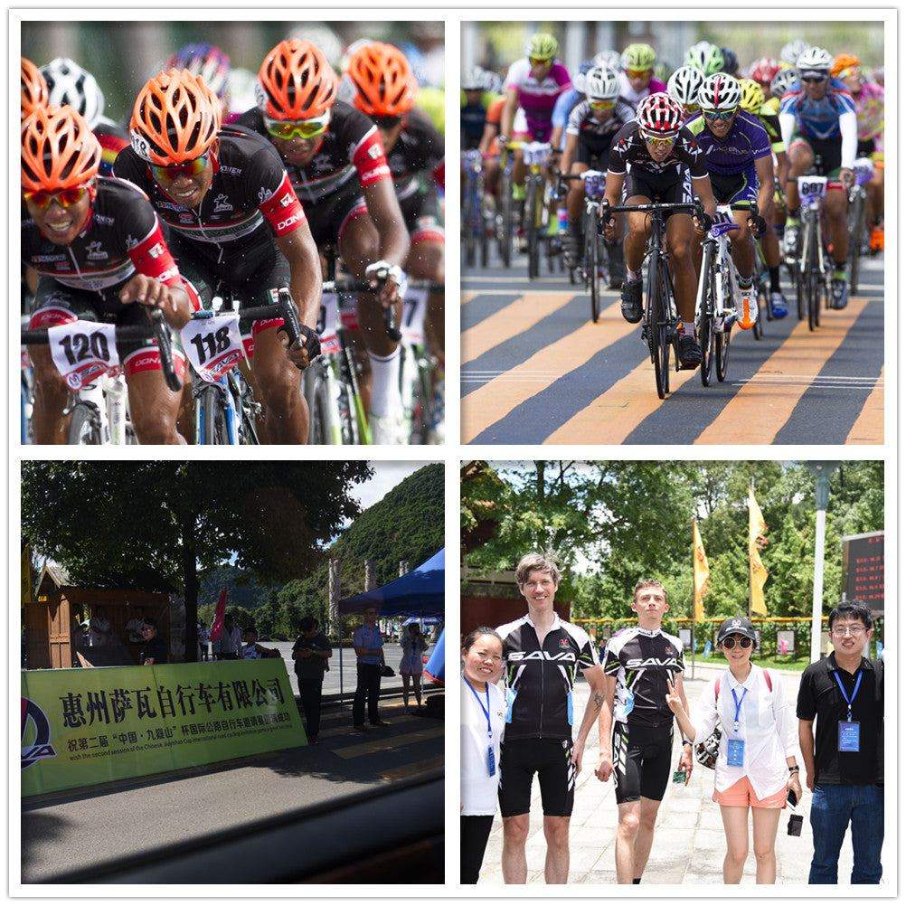 Cyclists racing on SAVA carbon bikes, event banners, and team members outdoors at cycling event.