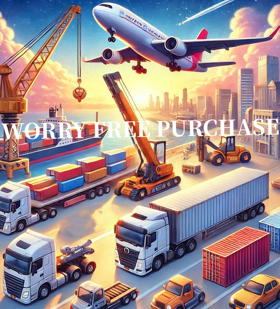 Shipping logistics with cargo trucks, containers, cranes, airplane, and 'WORRY FREE PURCHASE' text