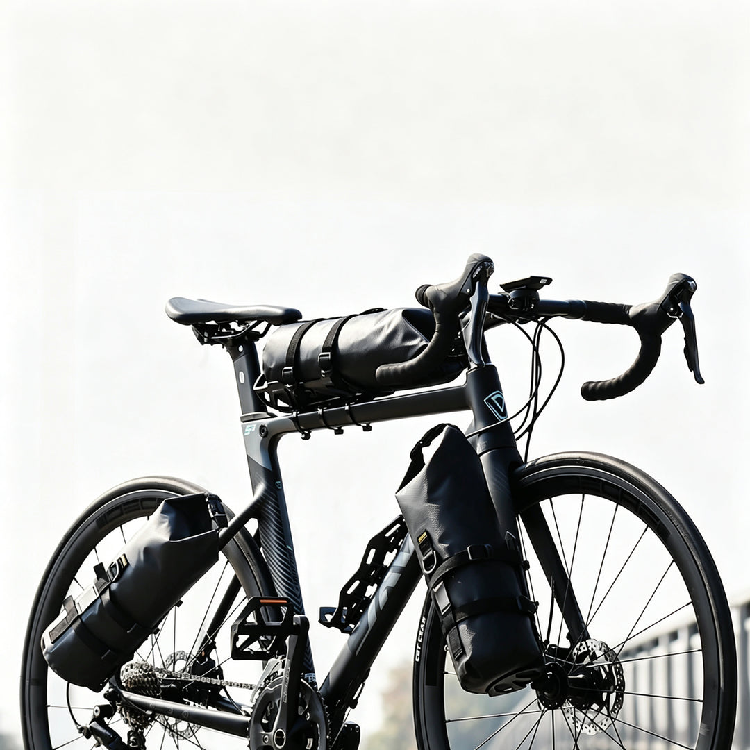 ENLEE 8.5L waterproof front fork bag setup on a gravel road bike for bikepacking tours.