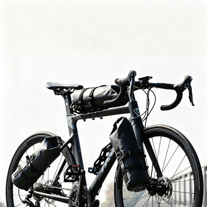 ENLEE 8.5L waterproof front fork bag setup on a gravel road bike for bikepacking tours.