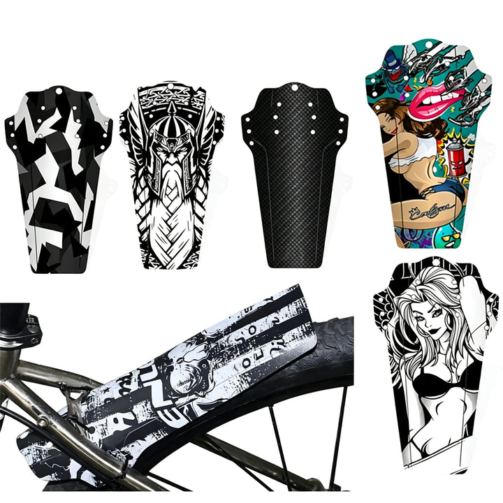 ENLEE mountain bike fenders in various graphic prints with quick-release installation on bicycle frame