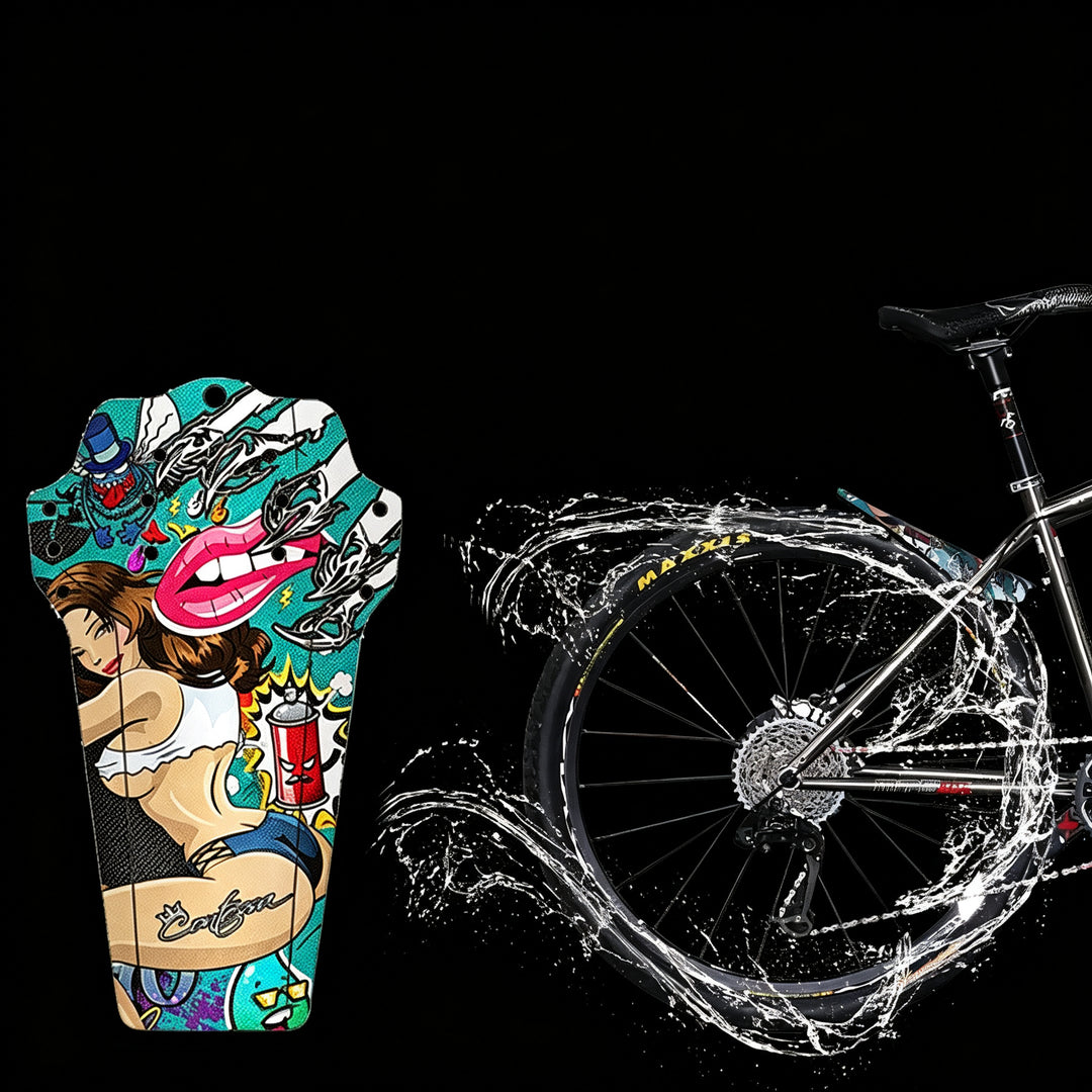 ENLEE universal bike mudguard with colorful street art print and rear wheel installation preview