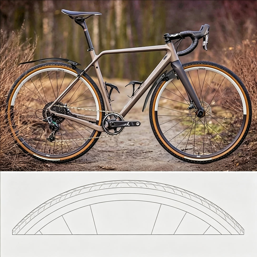 Gravel bicycle with ENLEE quick-release fenders installed outdoors with tire curvature fitting diagram