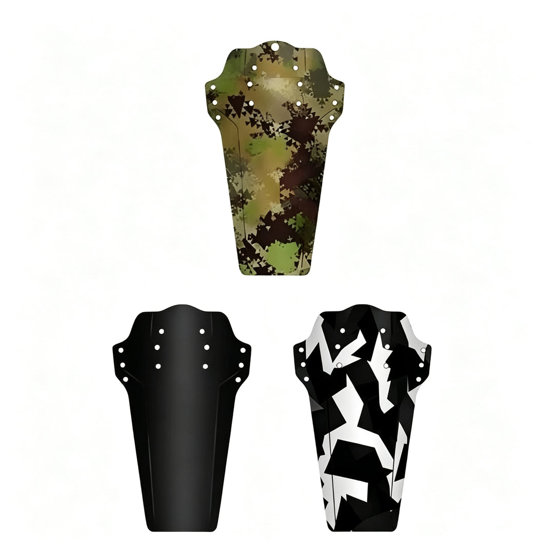 ENLEE universal bike mudguard set showing green camouflage, black, and black-and-white patterned options