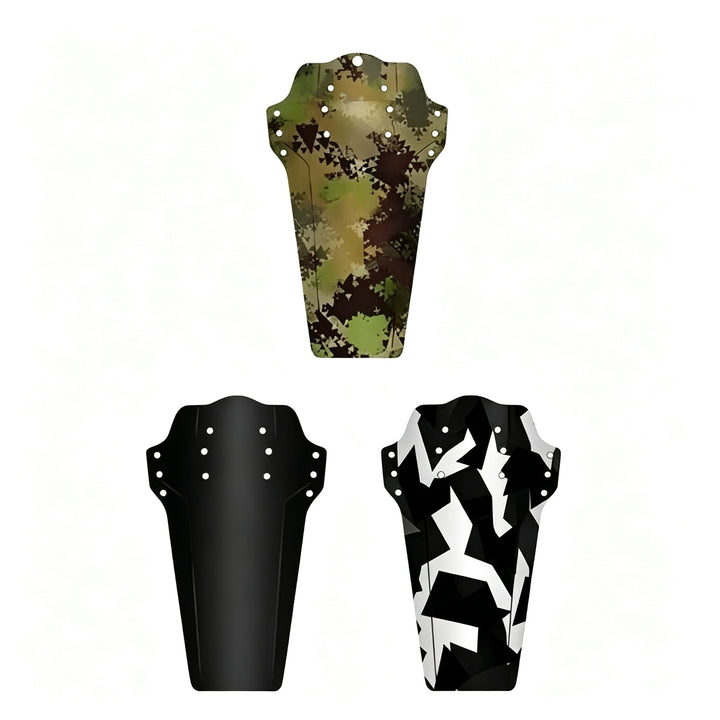 ENLEE universal bike mudguard set showing green camouflage, black, and black-and-white patterned options