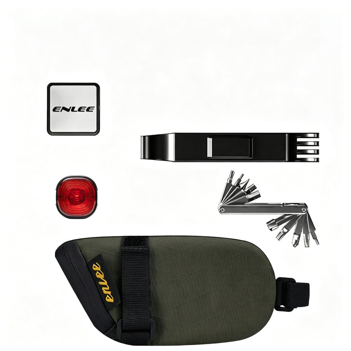 ENLEE 1.3L olive green bicycle seat bag shown with cycling multi-tool and essentials storage layout