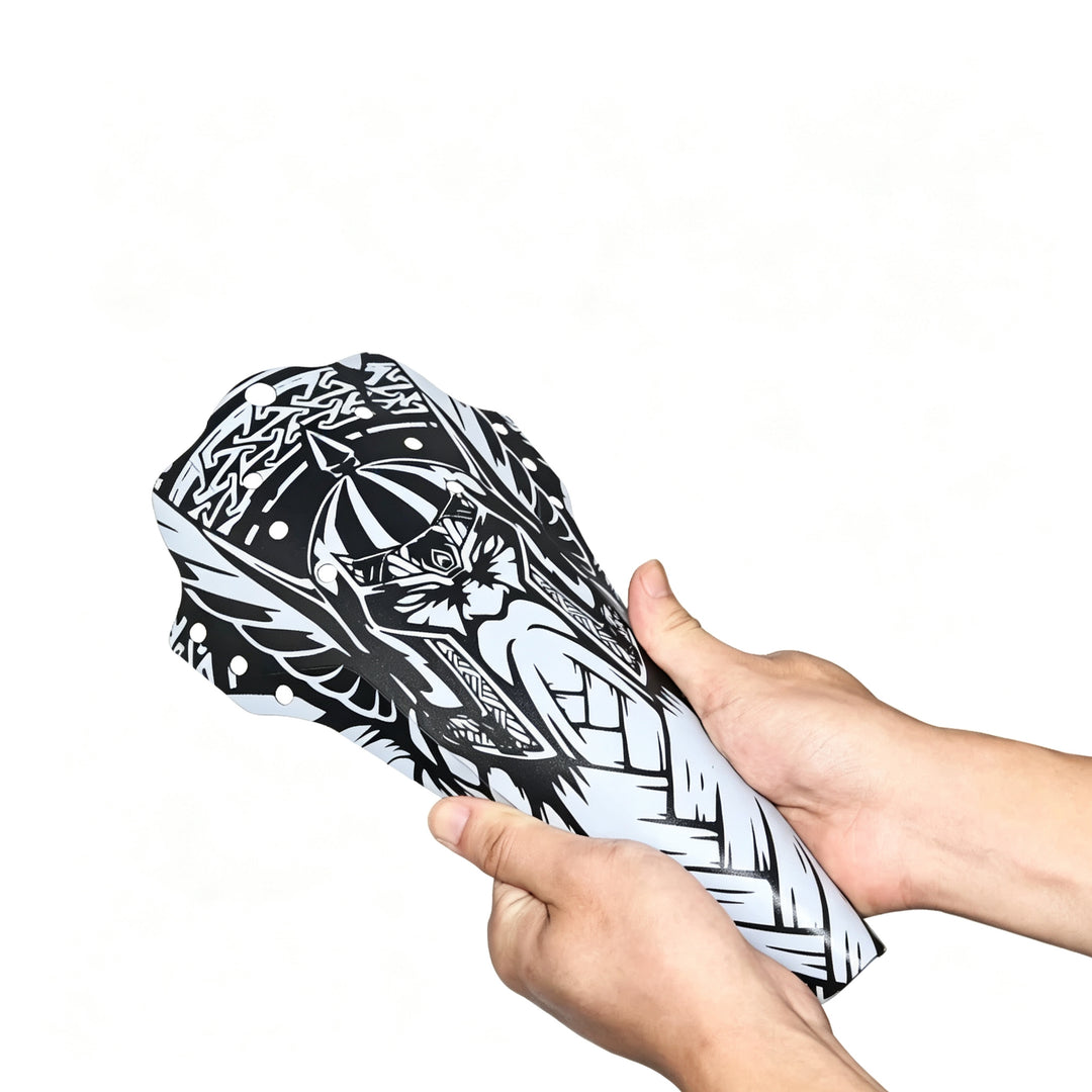 ENLEE mountain bike fender with custom black and white graphic print held in hands