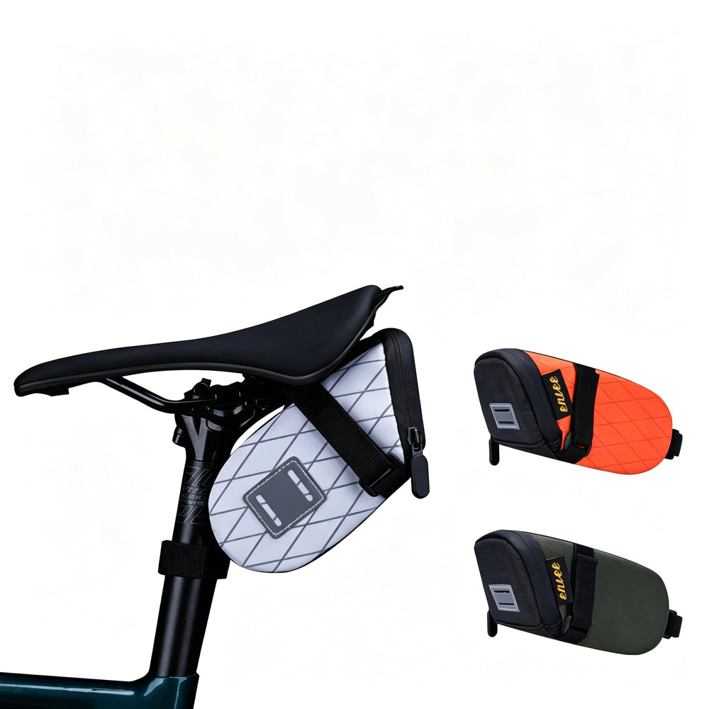 ENLEE 1.3L bicycle seat bag mounted under saddle showing white diamond grid, orange, and olive green color choices.
