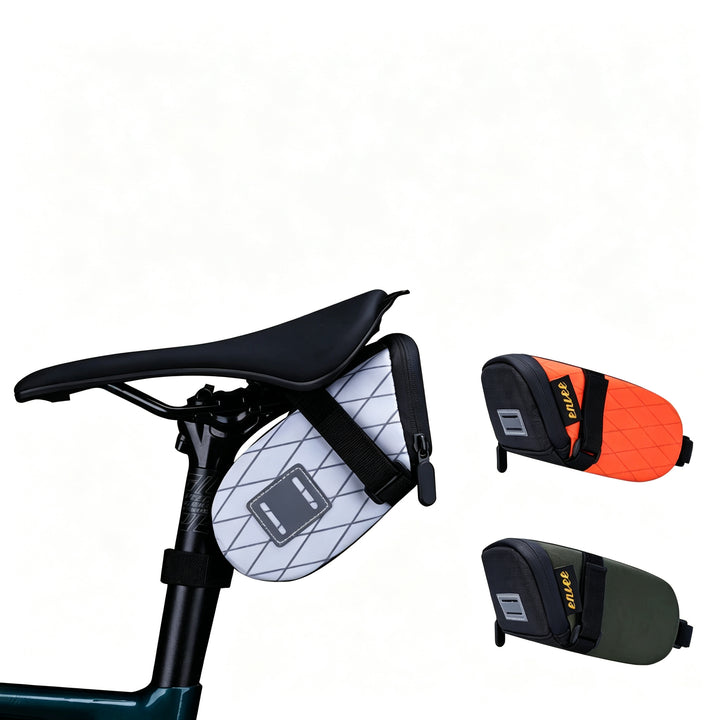 ENLEE 1.3L bicycle seat bag mounted under saddle showing white diamond grid, orange, and olive green color choices.