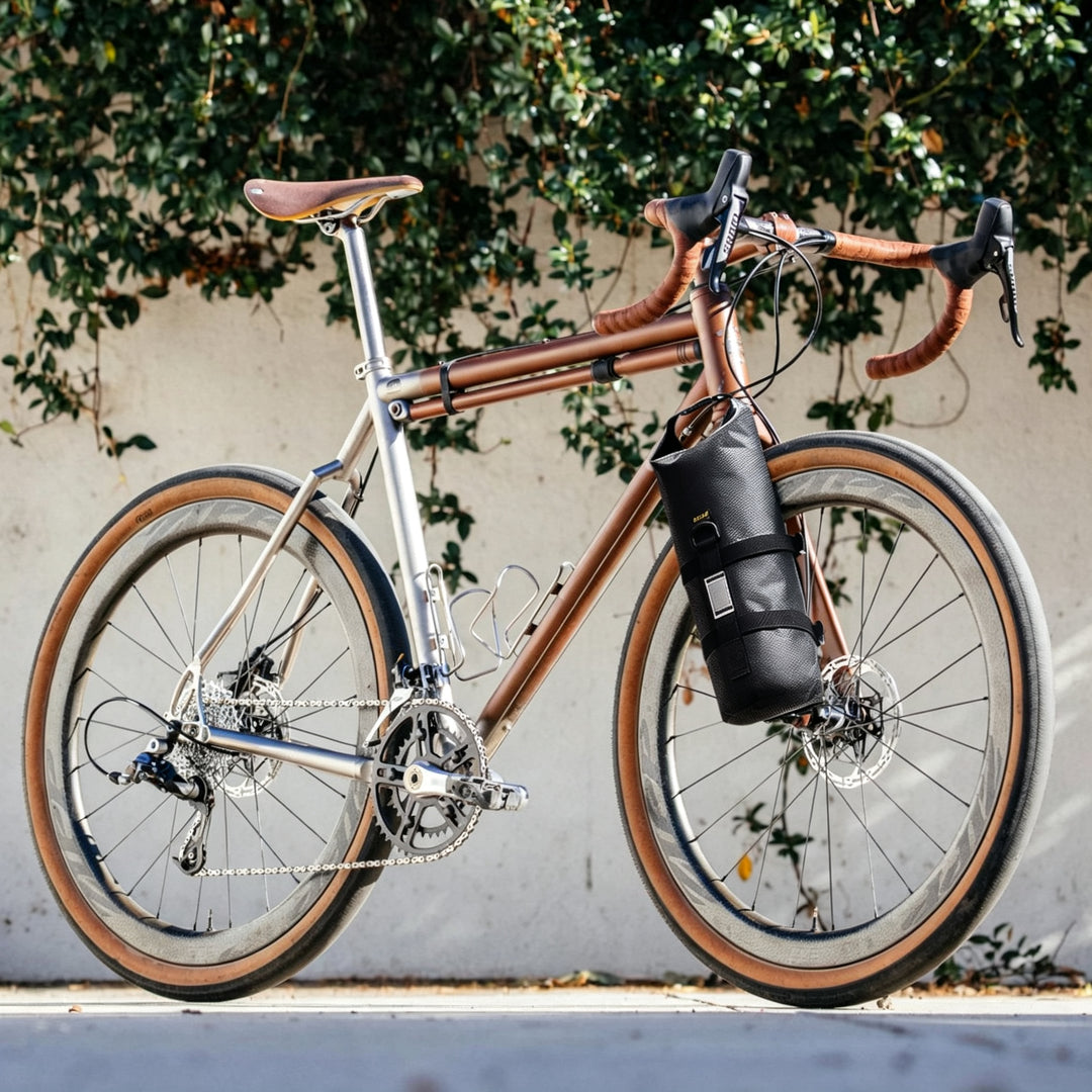 ENLEE 8.5L waterproof front fork bag mounted on a touring road bike for bikepacking.