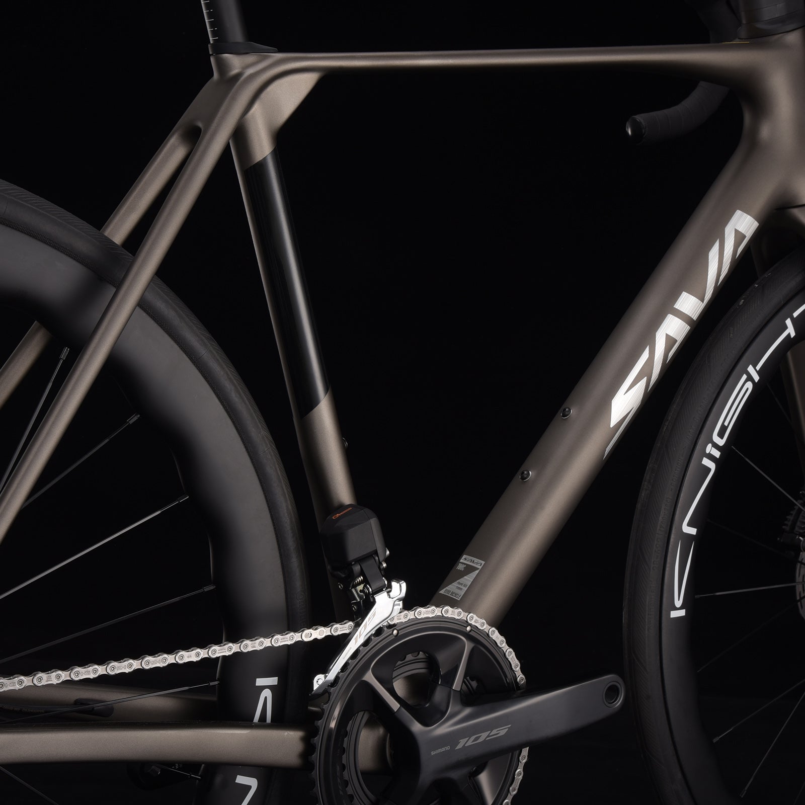 Close-up of a bicycle frame with the Sava brand logo