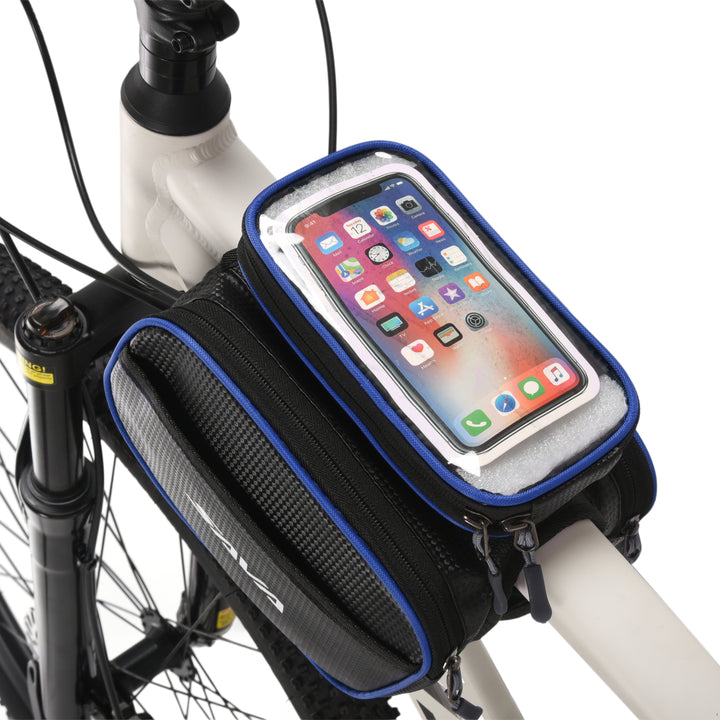 Blue waterproof bike handlebar bag with magnetic quick-release phone case