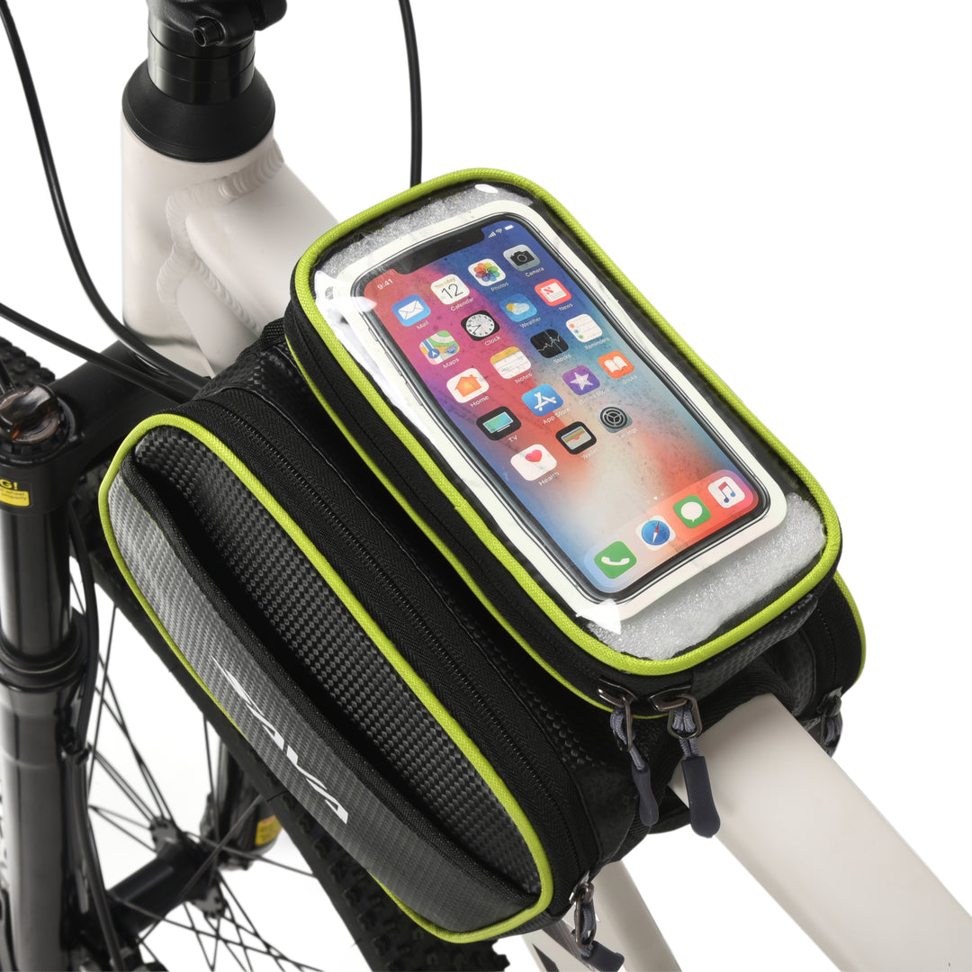 Black and green waterproof bike handlebar bag with magnetic phone case