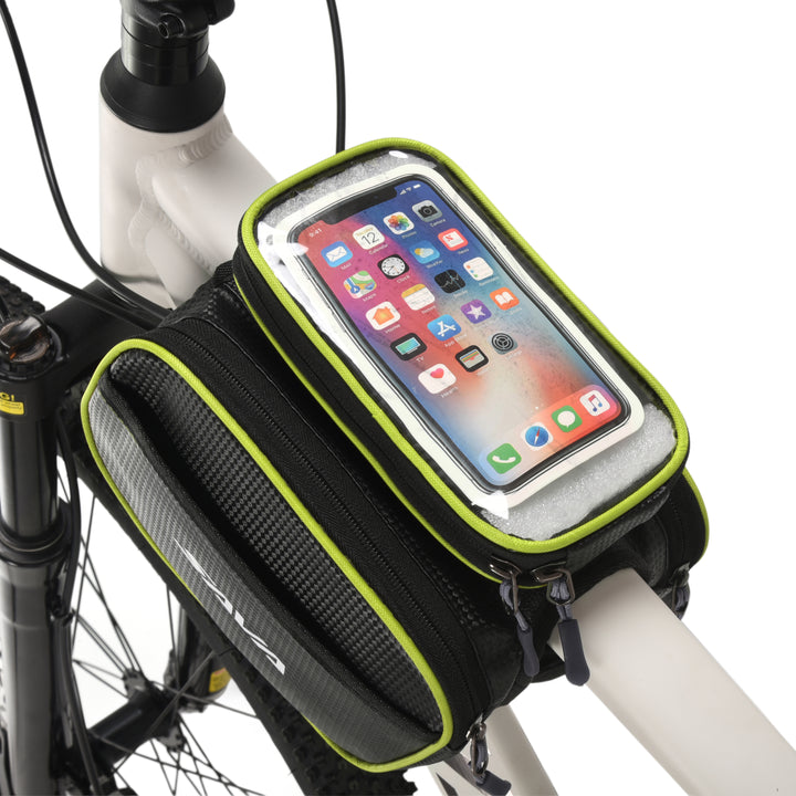 Black and green waterproof bike handlebar bag with magnetic phone case