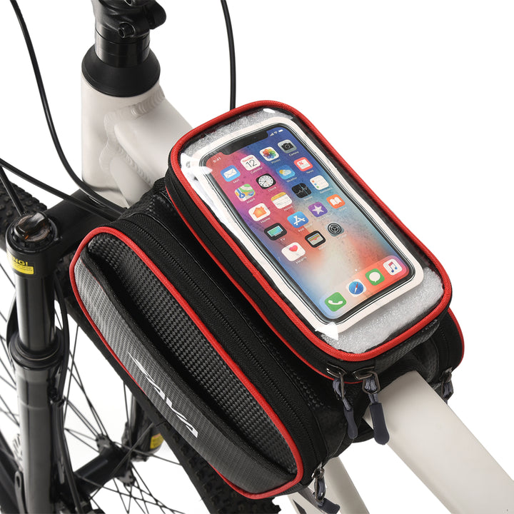 Blue waterproof bike handlebar bag with magnetic quick-release phone case