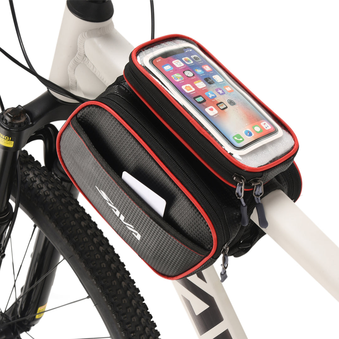 Red waterproof bike handlebar bag with magnetic quick-release phone case