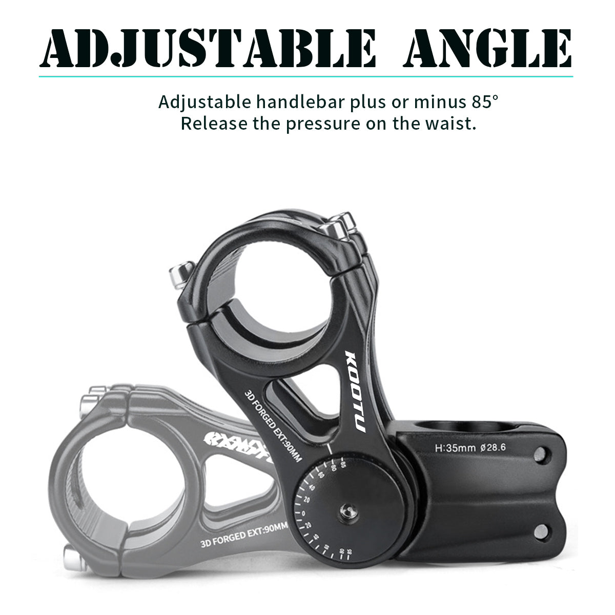 Close-up of mountain bike rise stem with adjustable height for enhanced control and comfort.