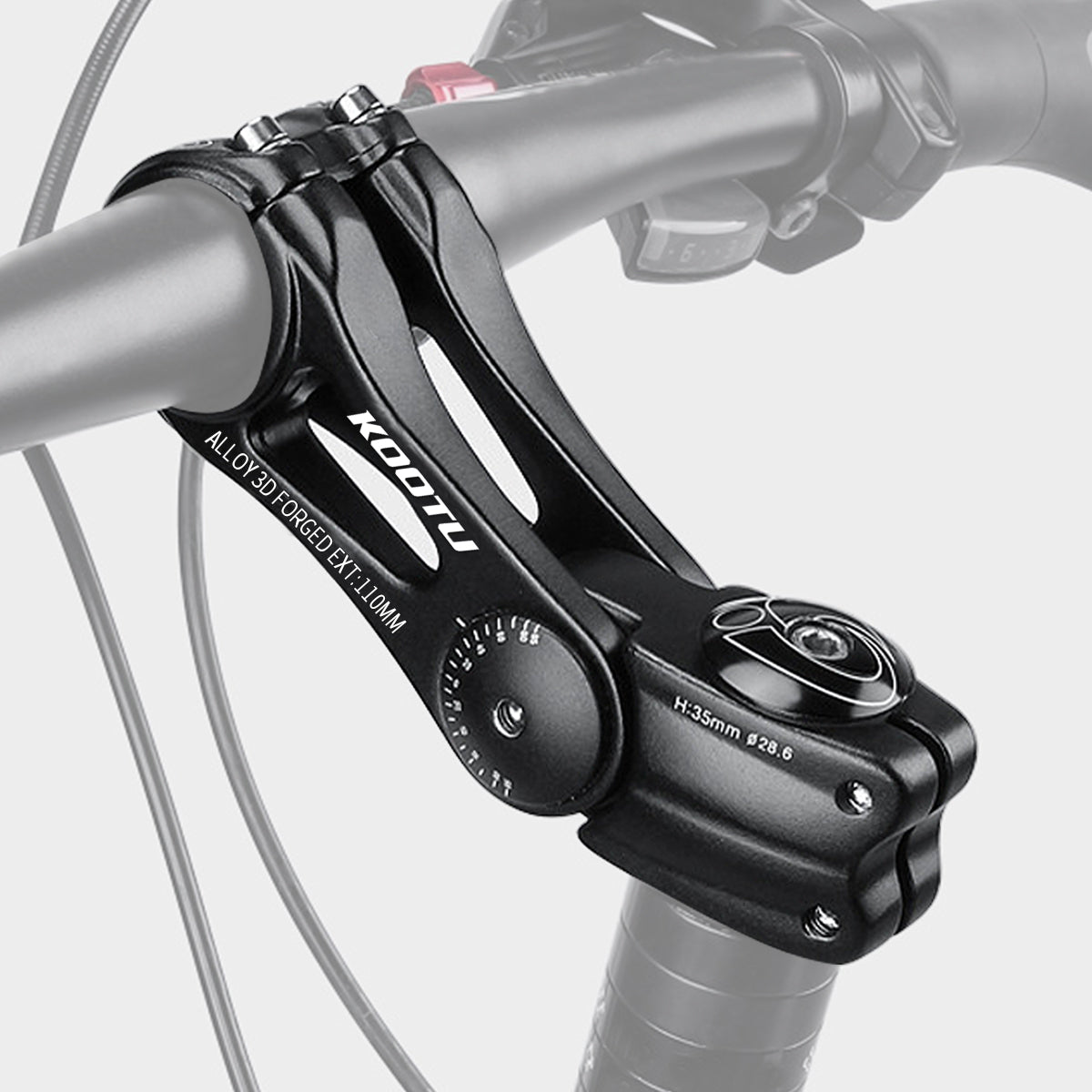 Ergonomic mountain bike rise stem with 50mm extension, reducing wrist strain on rough trails.