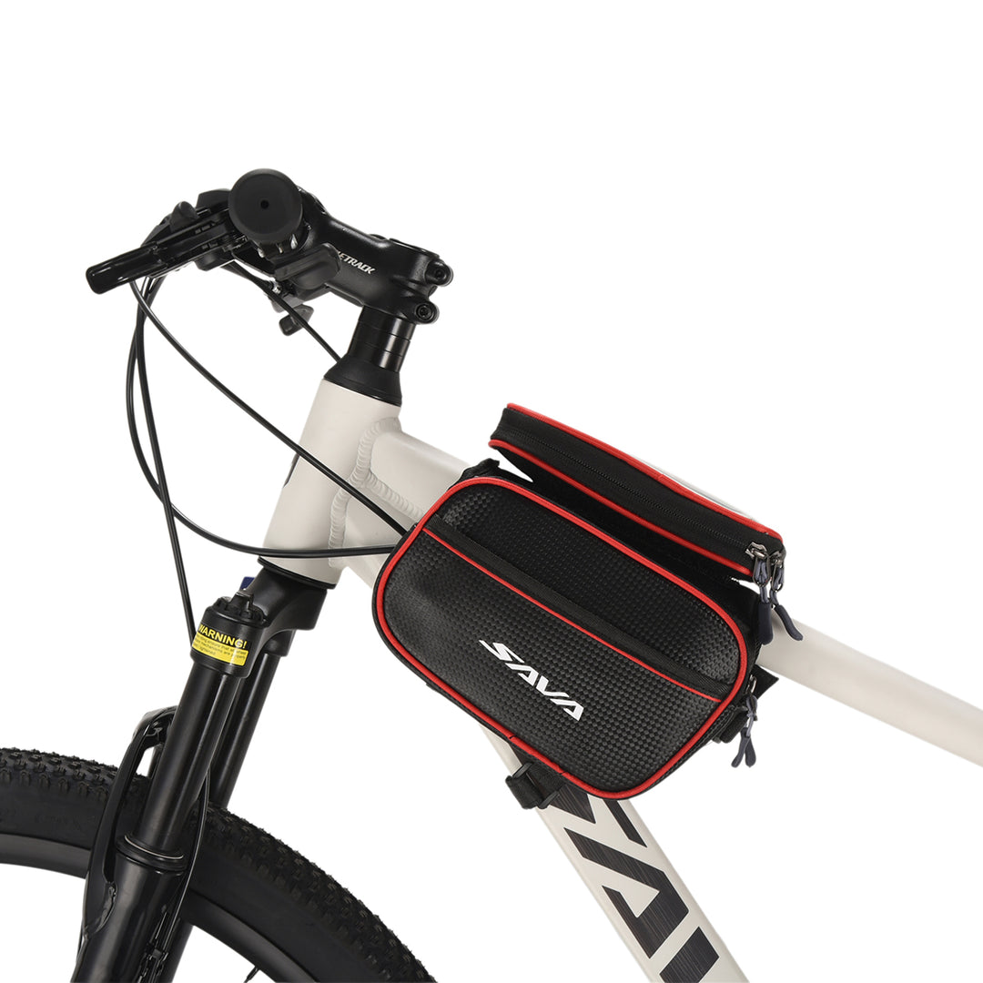 Waterproof bike handlebar bag with touchscreen phone case mounted on handlebar