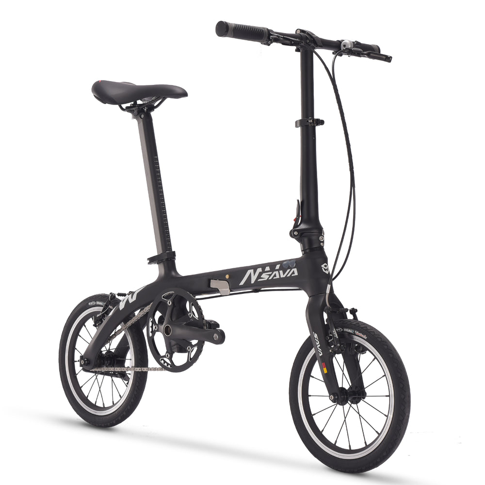 SAVA carbon folding bike in matte black, lightweight and compact, against a white background