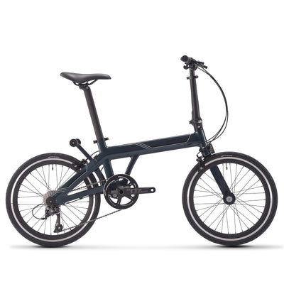 SAVA dark blue carbon folding bike with compact frame and black wheels on white background