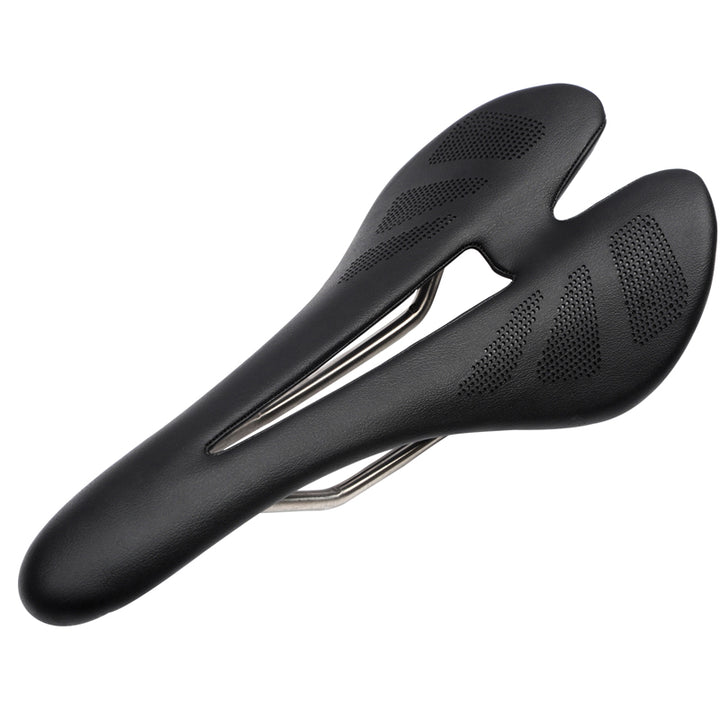 Carbon fiber bike saddle with hollow center and titanium rails, side view showing 181g lightweight design