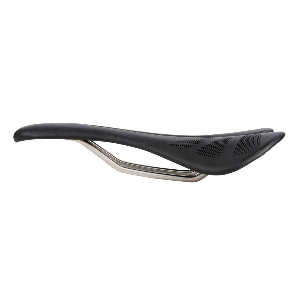 Carbon fiber bike saddle with hollow center and titanium rails, side view showing 181g lightweight design