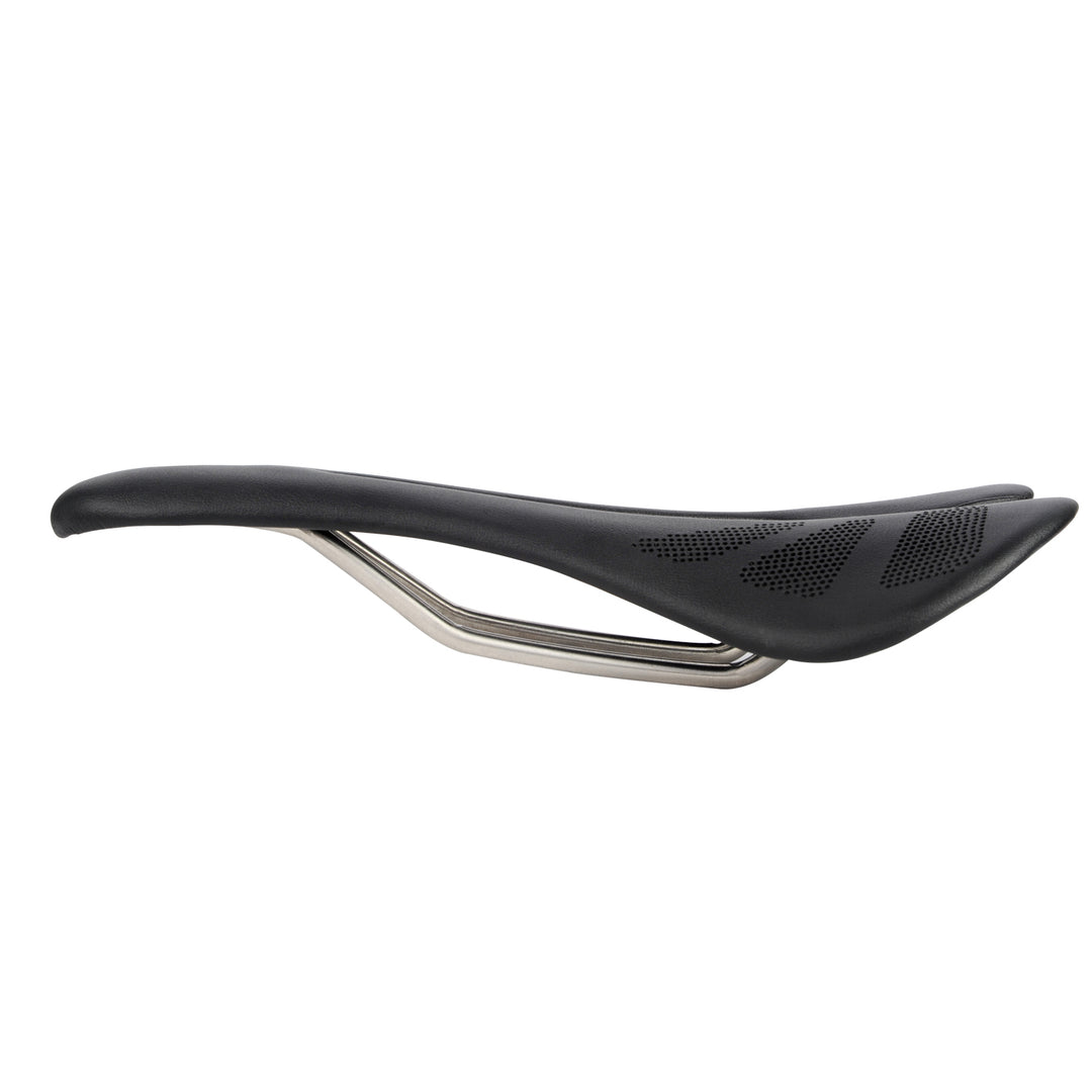 Carbon fiber bike saddle with hollow center and titanium rails, side view showing 181g lightweight design