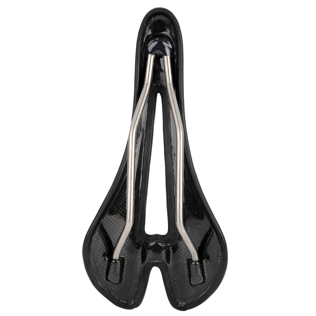 Rear view of carbon fiber bicycle seat with hollow center, showing wide ergonomic support