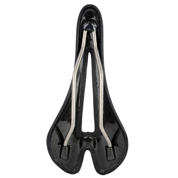 Rear view of carbon fiber bicycle seat with hollow center, showing wide ergonomic support
