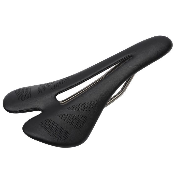 Ergonomic bike saddle profile with pressure-relief cutout and titanium rails for long-distance comfort