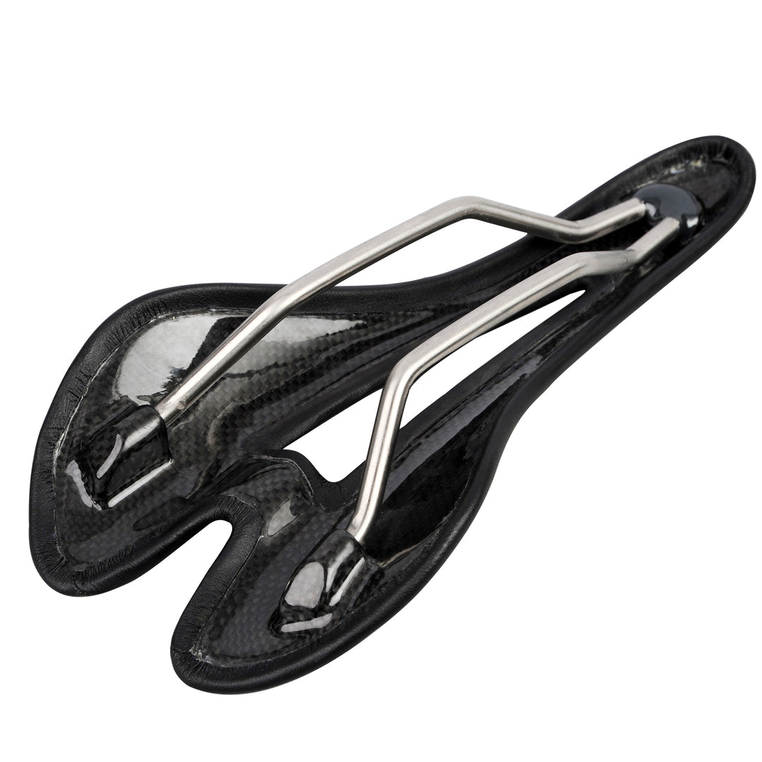 Bottom view of carbon fiber bike saddle showing hollow cutout and titanium rail structure