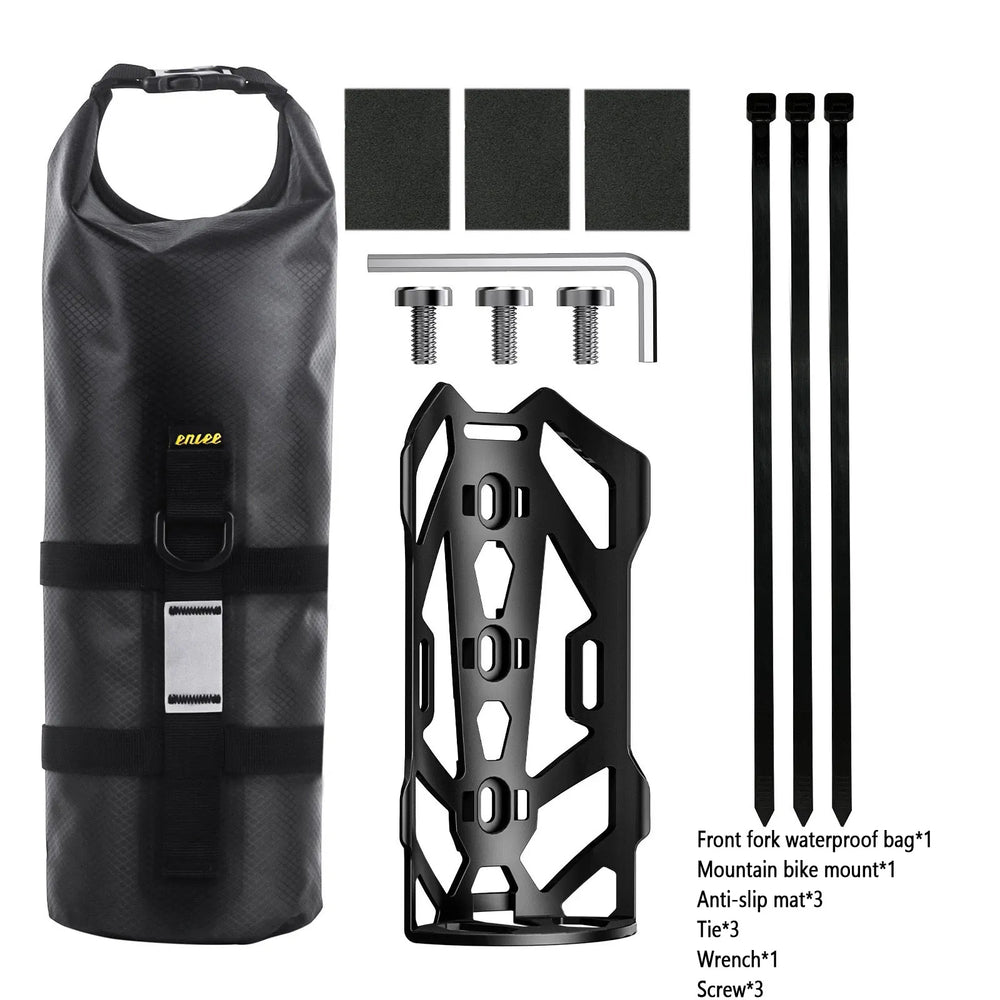 ENLEE 8.5L waterproof bicycle front fork bag set with mountain bike bracket and mounting hardware accessories.