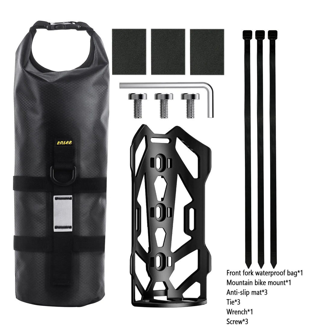ENLEE 8.5L waterproof bicycle front fork bag set with mountain bike bracket and mounting hardware accessories.