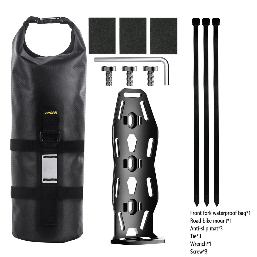 ENLEE 8.5L waterproof front fork bag set with road bike cage bracket and mounting hardware accessories.