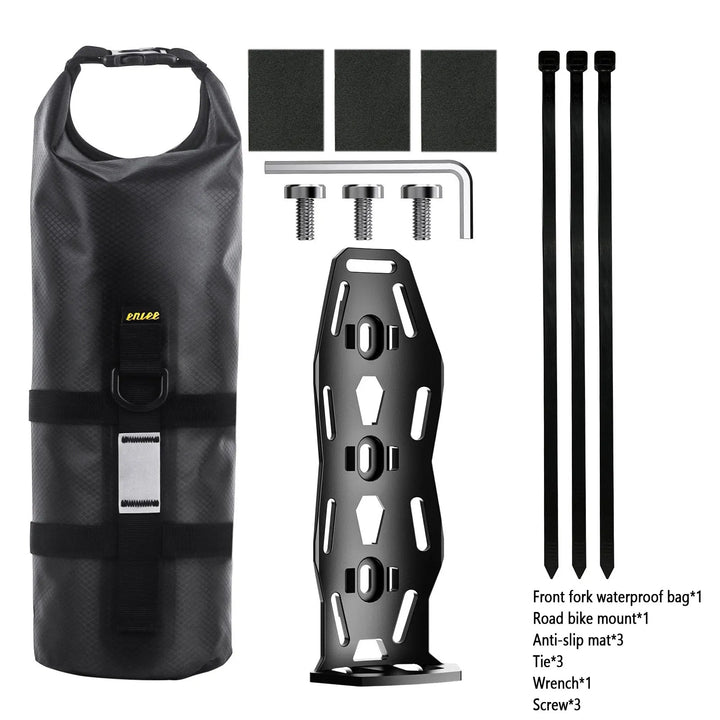 ENLEE 8.5L waterproof front fork bag set with road bike cage bracket and mounting hardware accessories.